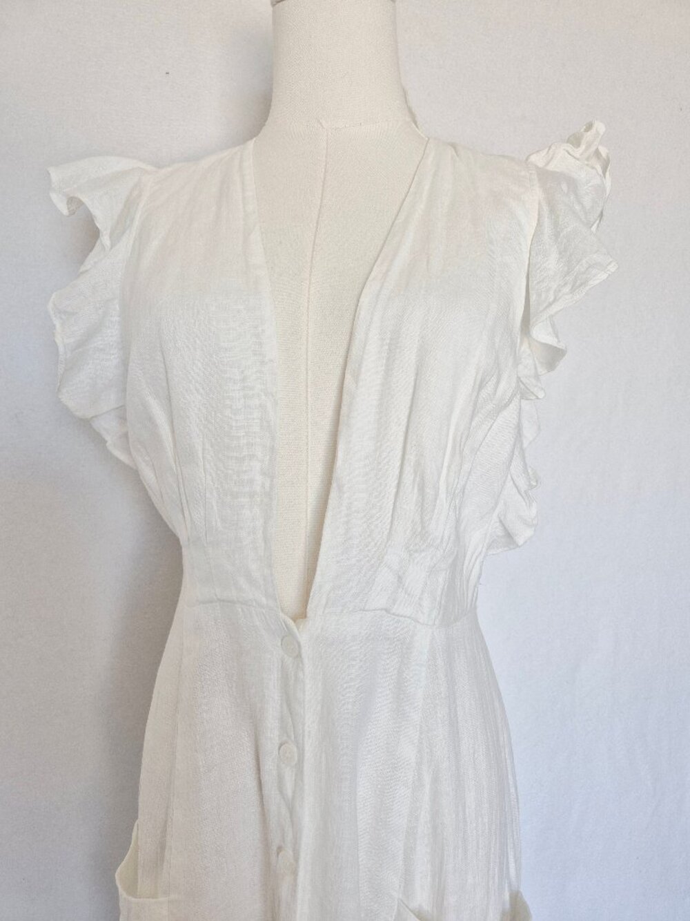 Reformation Linen Ruffle Sleeveless Deep V-Neck Midi Dress Button-Front Pocket - Picture 5 of 15